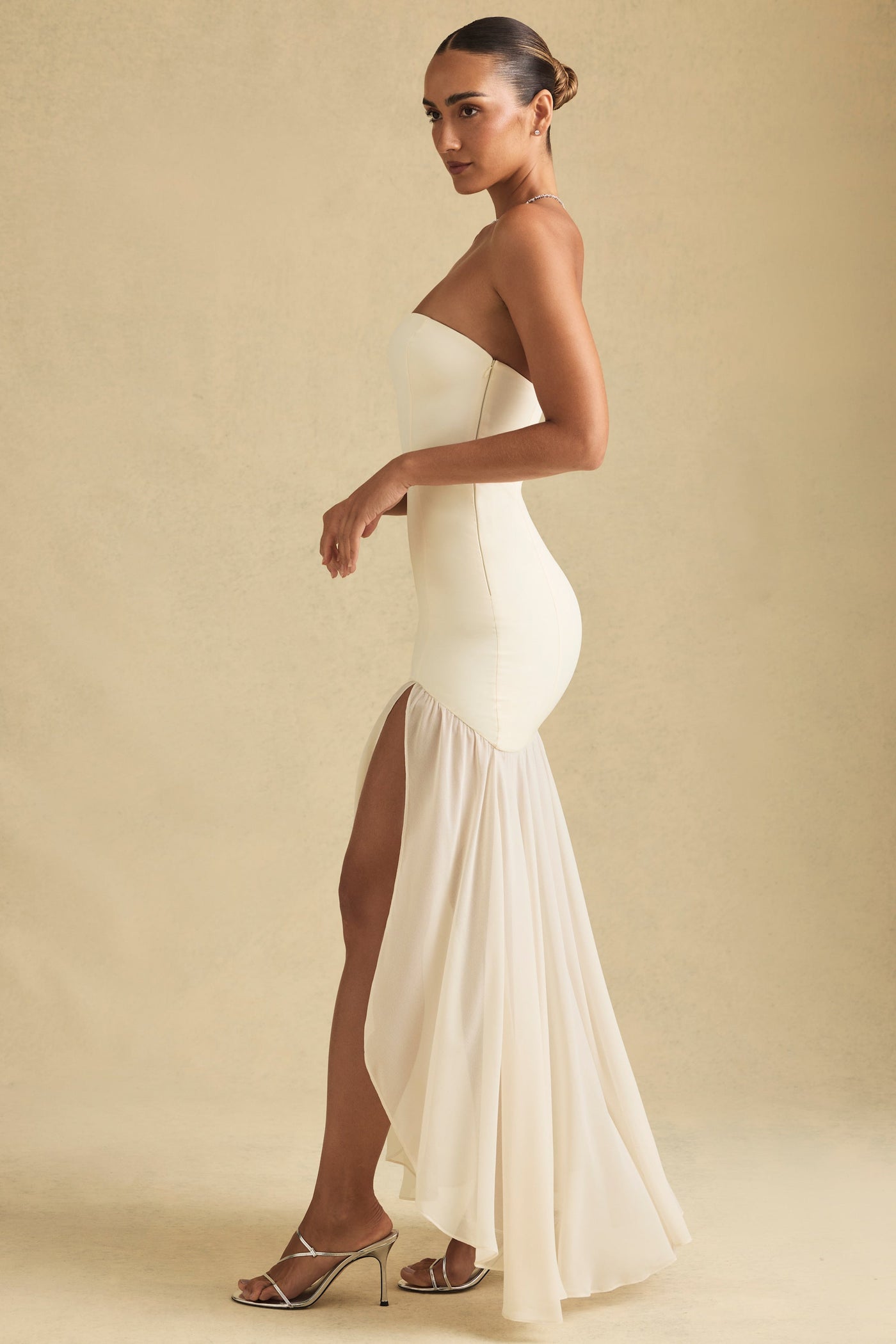 Asymmetric Strapless Fishtail Maxi Dress in Ivory